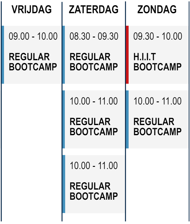 Lesrooster vrijdag - zaterdag FitmetDylan Bootcamp Alkmaar, Heiloo, Schoorl en Geestmerambacht